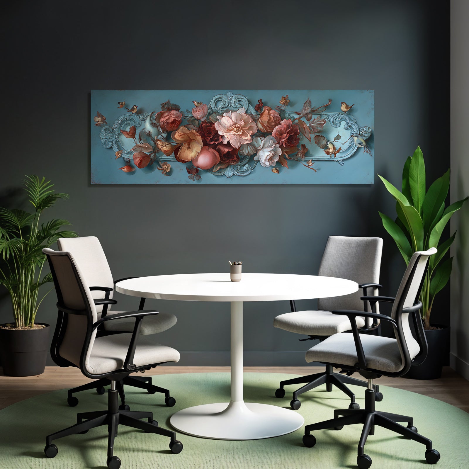 Blumendekoration Mit Voegeln Und Intrikaten Details Auf Blauem Hintergrund