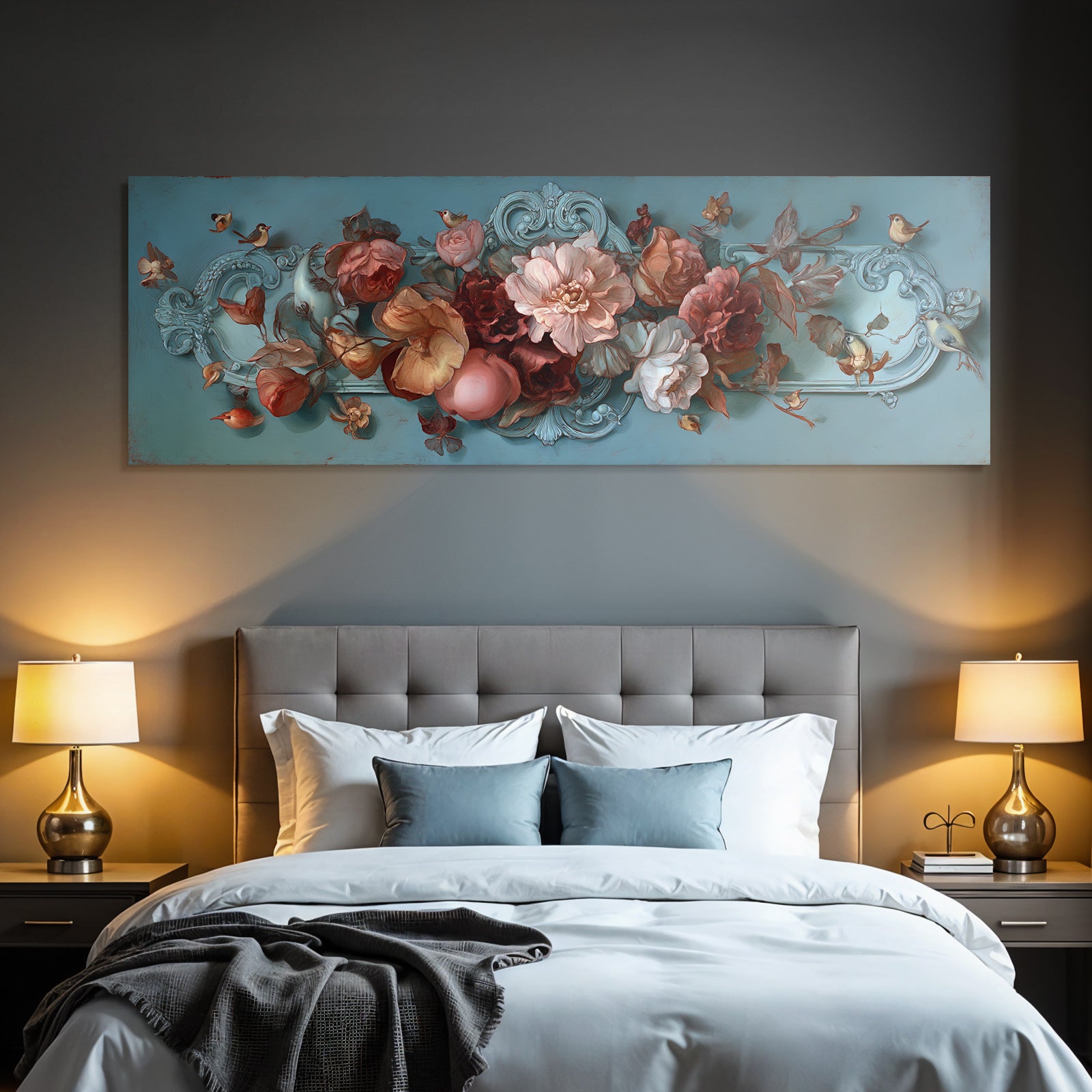 Blumendekoration Mit Voegeln Und Intrikaten Details Auf Blauem Hintergrund