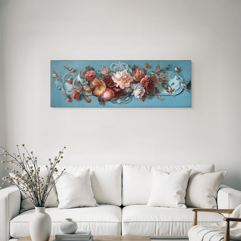 Blumendekoration Mit Voegeln Und Intrikaten Details Auf Blauem Hintergrund