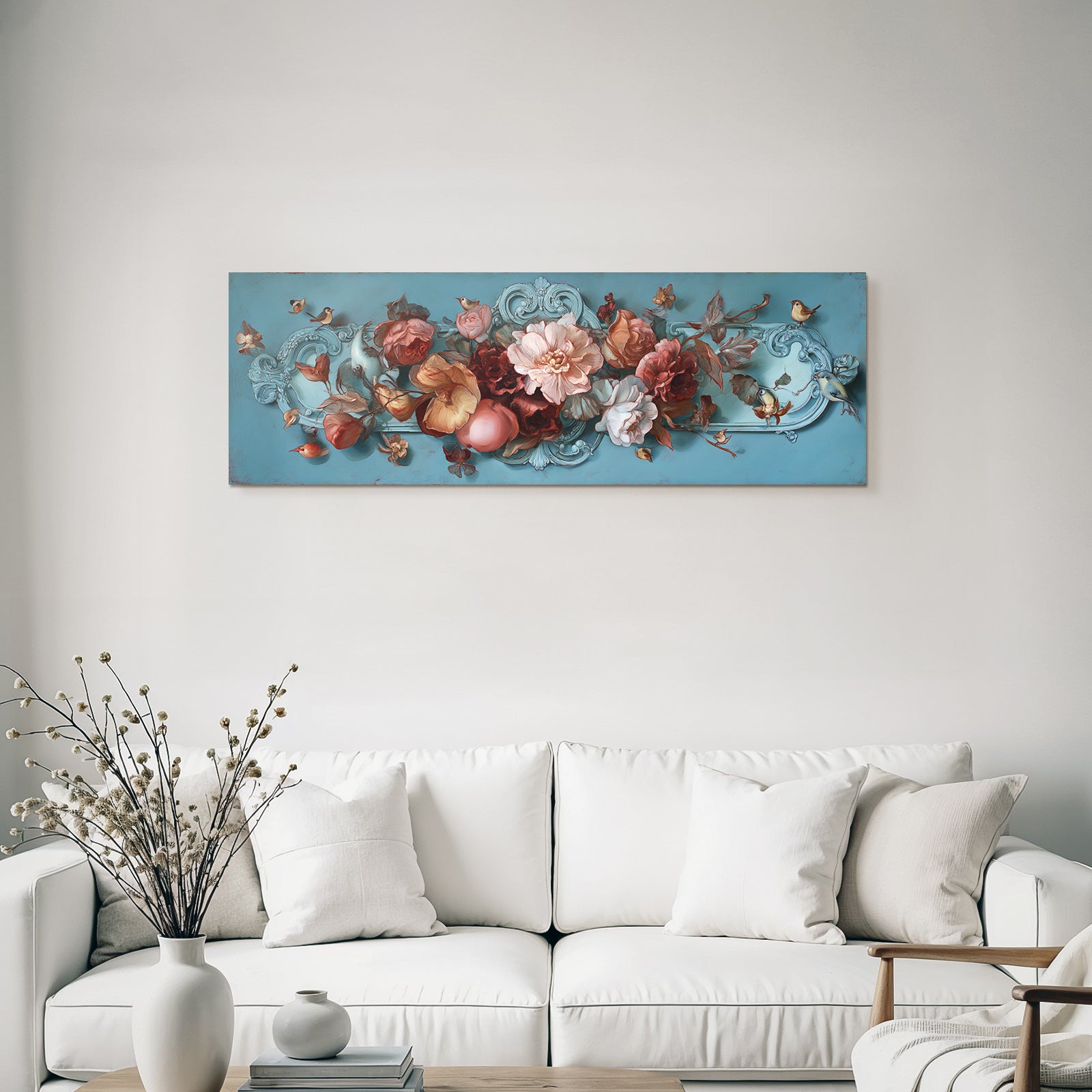 Blumendekoration Mit Voegeln Und Intrikaten Details Auf Blauem Hintergrund