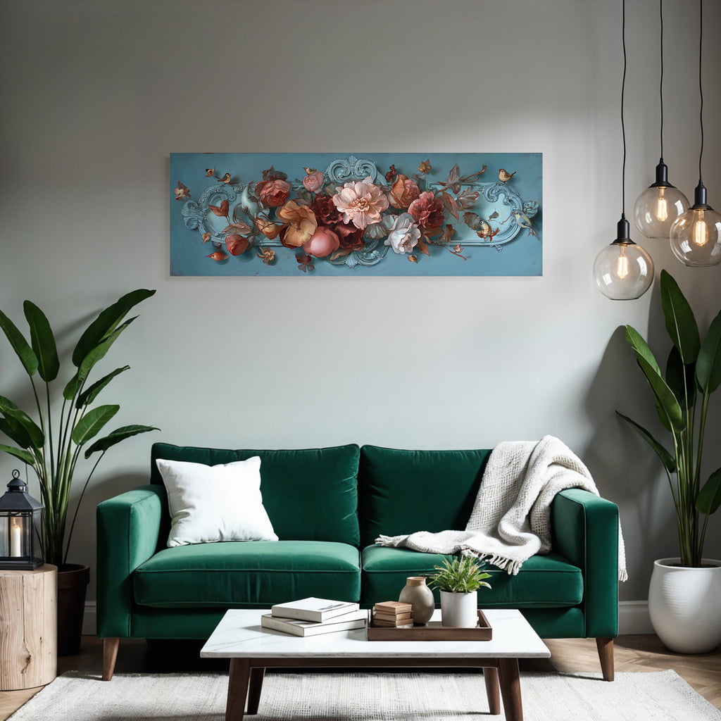 Blumendekoration Mit Voegeln Und Intrikaten Details Auf Blauem Hintergrund