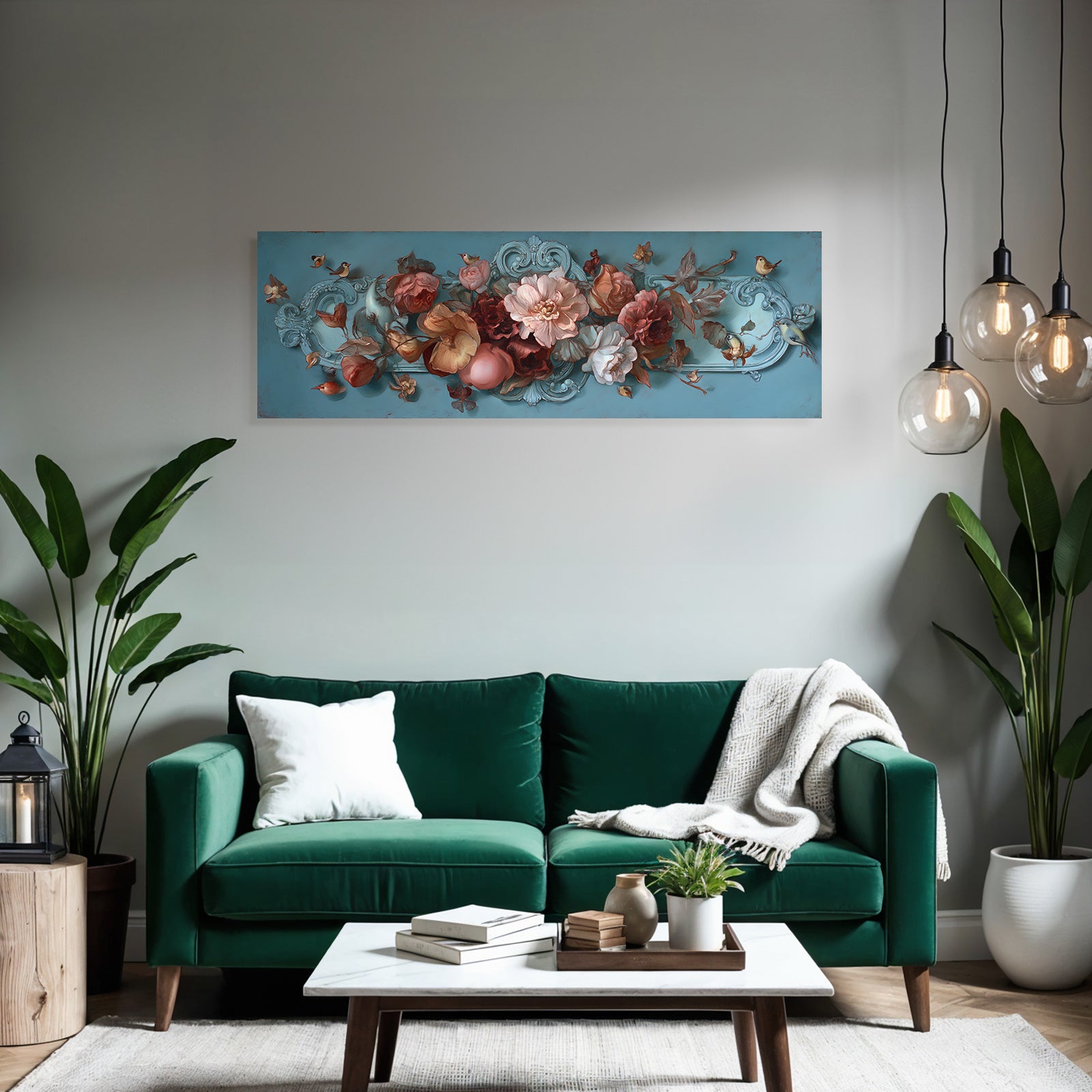 Blumendekoration Mit Voegeln Und Intrikaten Details Auf Blauem Hintergrund