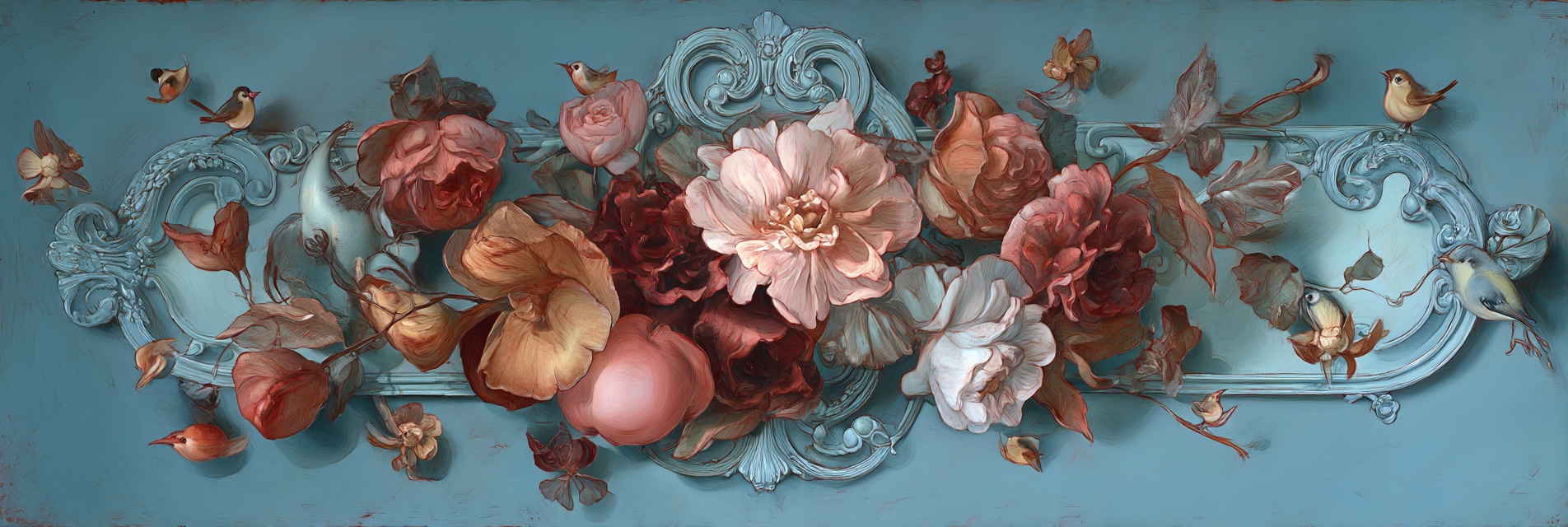 Blumendekoration Mit Voegeln Und Intrikaten Details Auf Blauem Hintergrund | Klassisch | Einrichtungsstile