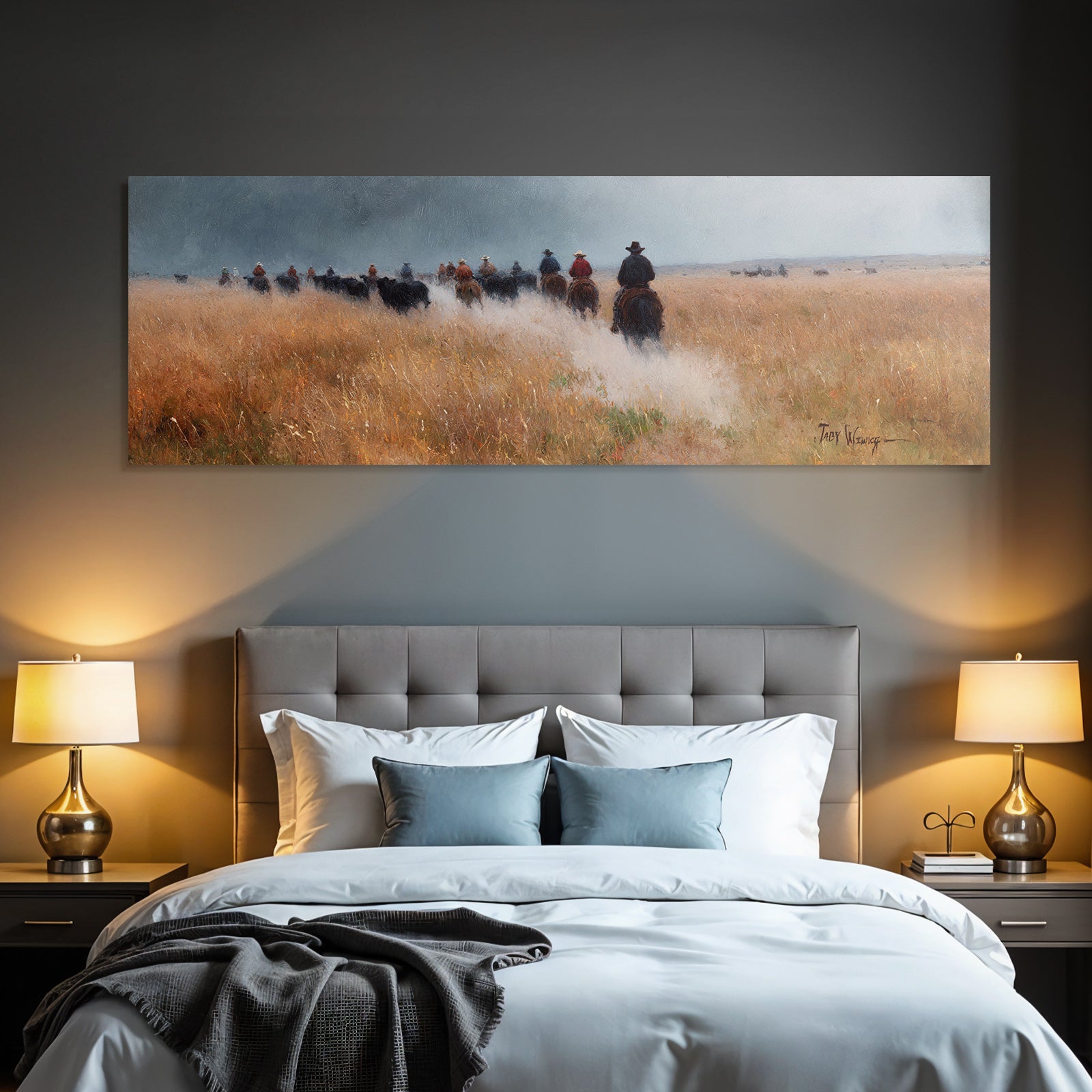 Cowboys Auf Pferden Durch Gruene Landschaft Mit Rindern