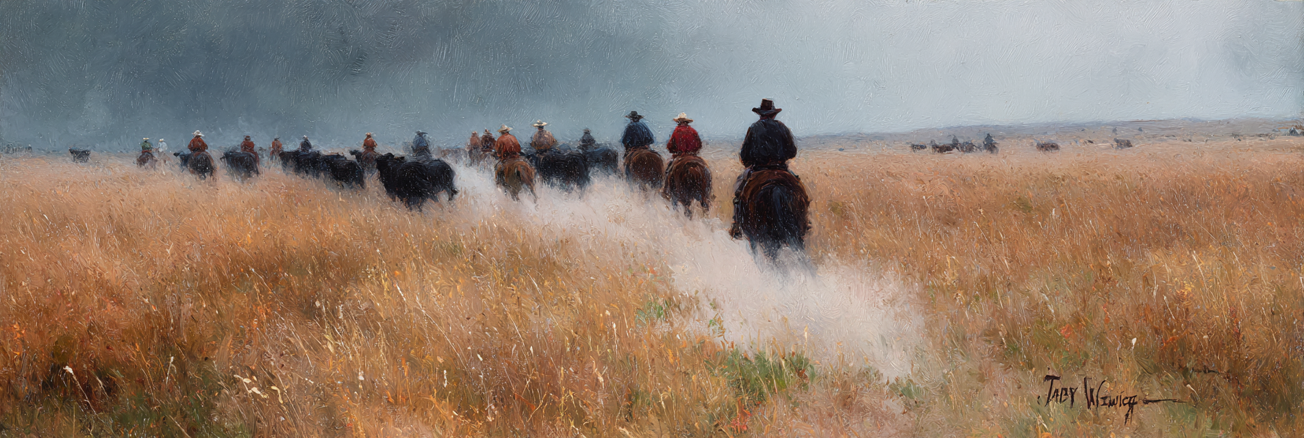 Cowboys Auf Pferden Durch Gruene Landschaft Mit Rindern | Klassisch | Einrichtungsstile