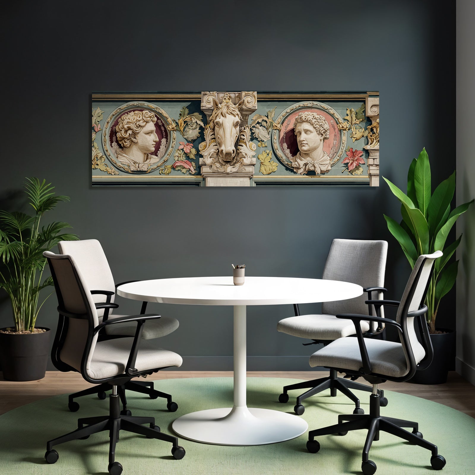 Dekoratives Architektonisches Feature In Schnitzerei Mit Haupten Und Blumen