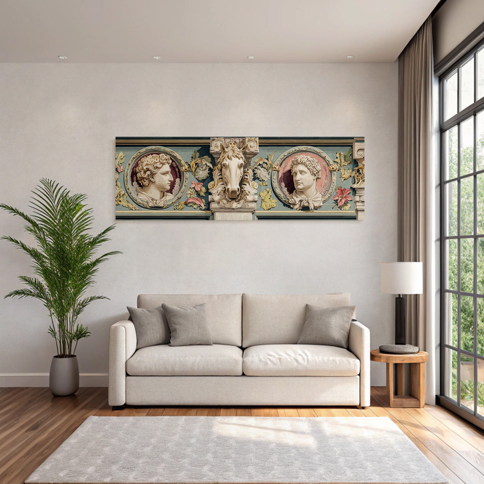 Dekoratives Architektonisches Feature In Schnitzerei Mit Haupten Und Blumen