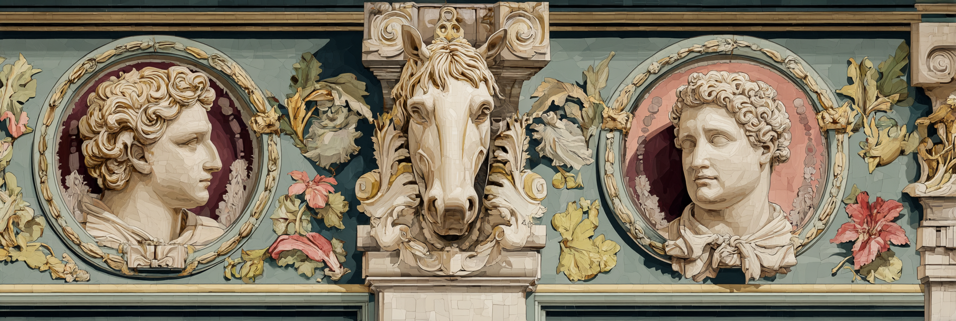 Dekoratives Architektonisches Feature In Schnitzerei Mit Haupten Und Blumen | Klassisch | Einrichtungsstile