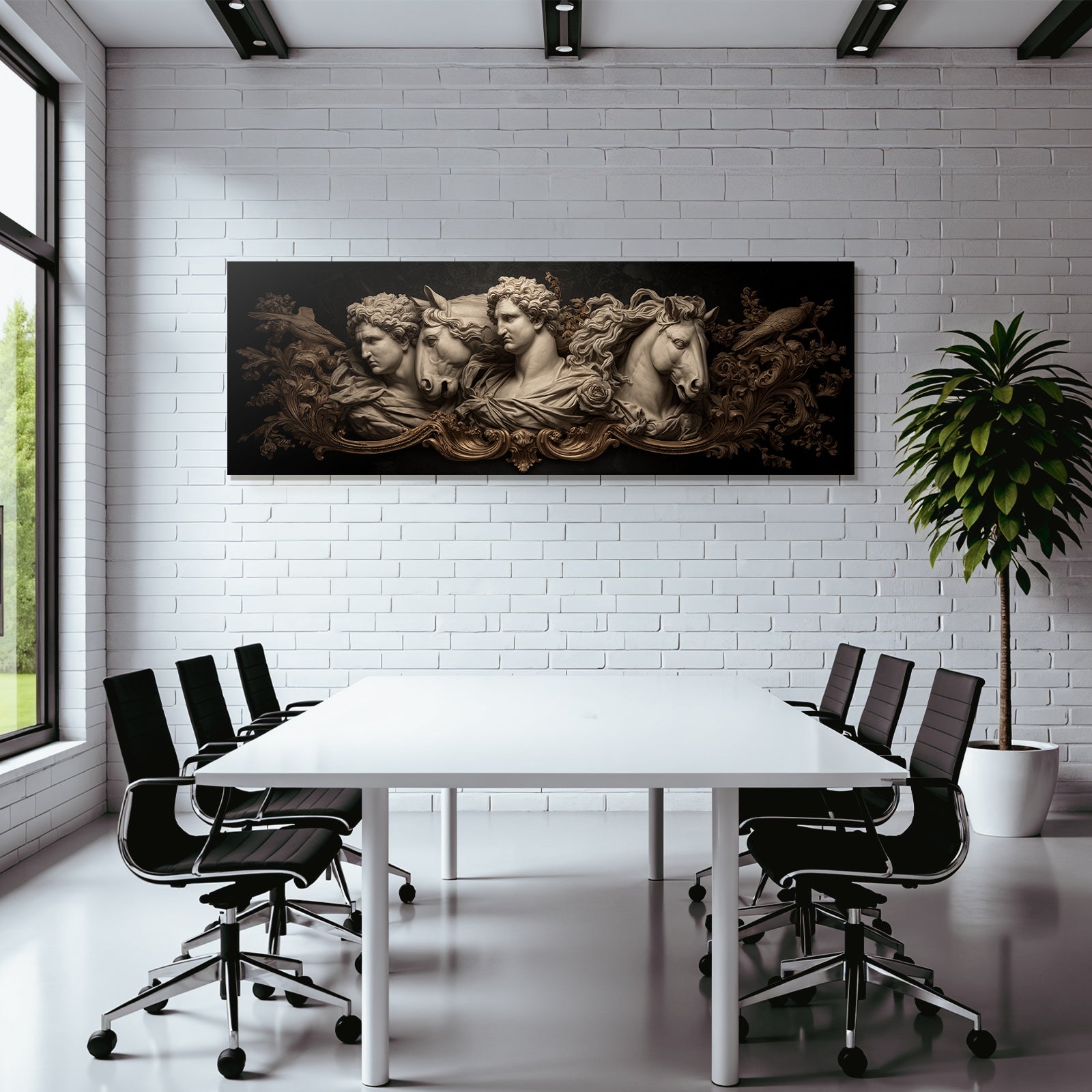 Detaillierte Skulpturale Relief Drei Frauen Mit Pferden Blumen Und Vogel