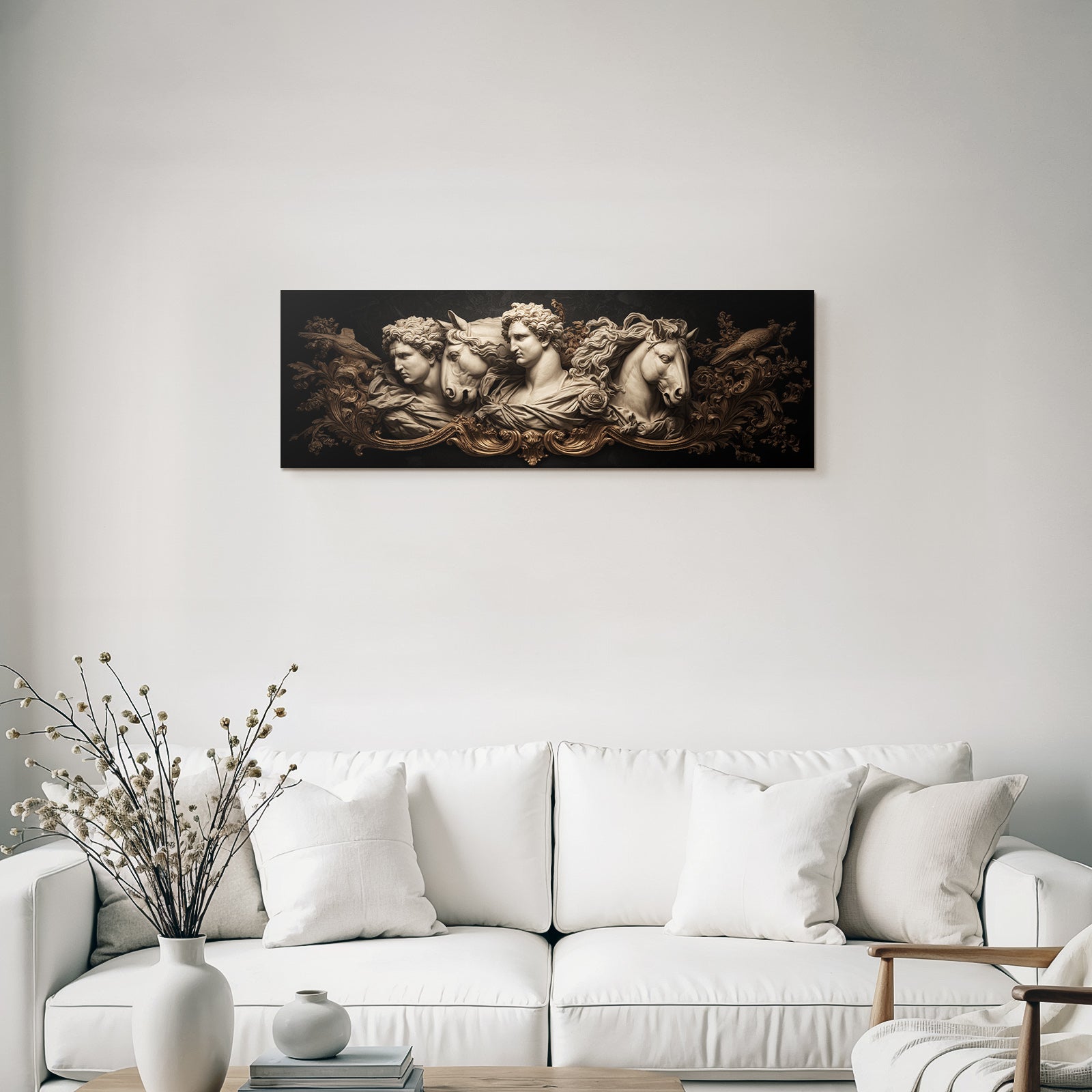 Detaillierte Skulpturale Relief Drei Frauen Mit Pferden Blumen Und Vogel