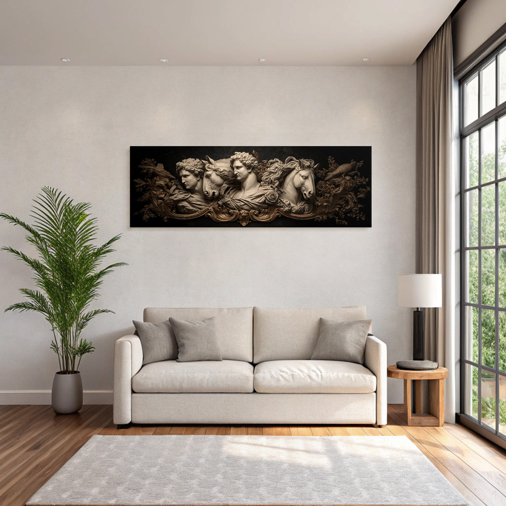 Detaillierte Skulpturale Relief Drei Frauen Mit Pferden Blumen Und Vogel