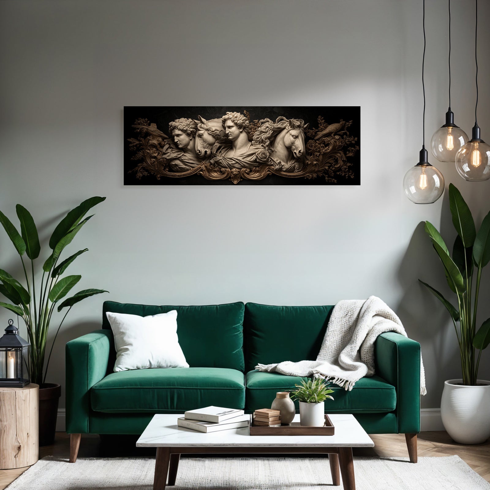Detaillierte Skulpturale Relief Drei Frauen Mit Pferden Blumen Und Vogel