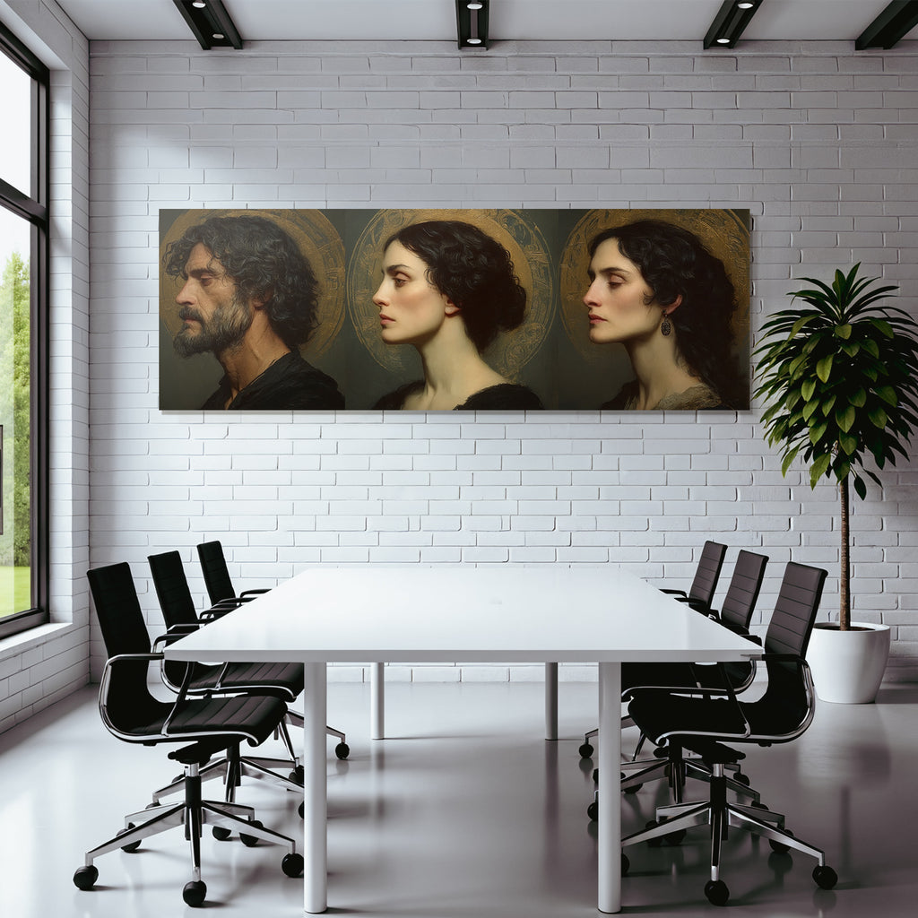 Digitale Portraitkunst Drei Individuen Mit Halo Hintergrund