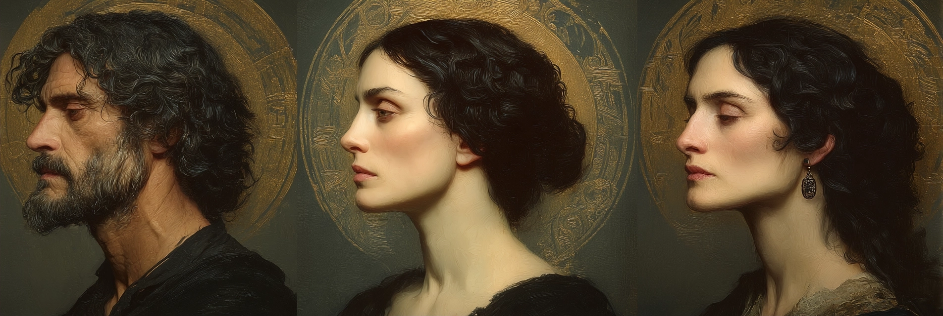 Digitale Portraitkunst Drei Individuen Mit Halo Hintergrund | Klassisch | Einrichtungsstile