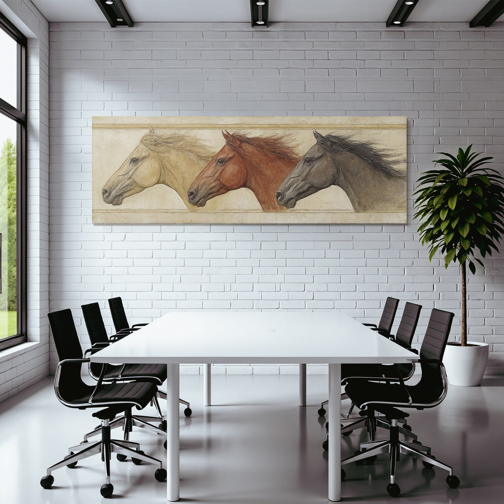 Drei Pferde In Beige Hintergrund Schmuckvoll Fliesend Mane