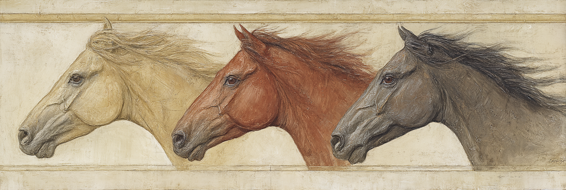 Drei Pferde In Beige Hintergrund Schmuckvoll Fliesend Mane | Klassisch | Einrichtungsstile