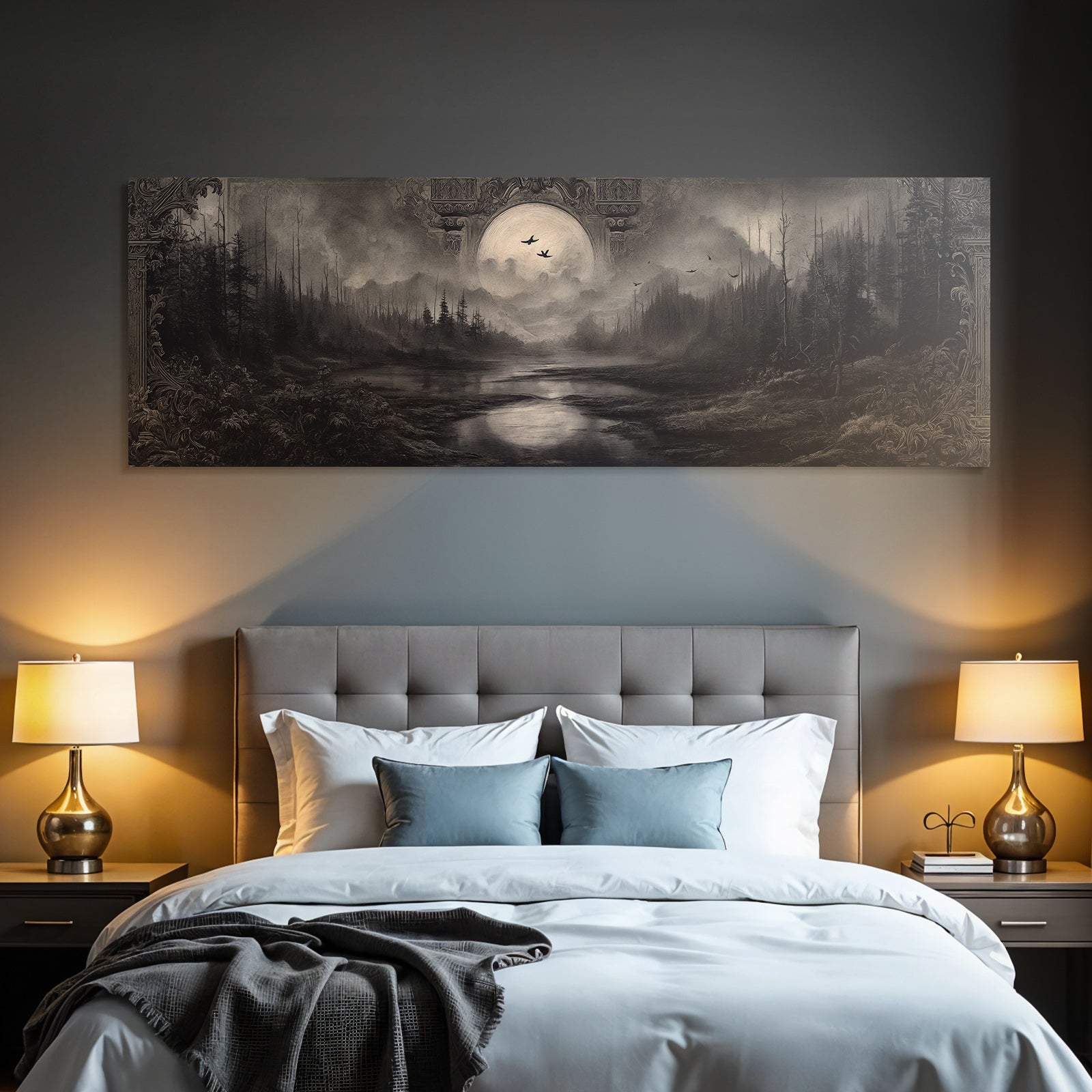Dunkle Atmosphaerische Landschaft Mit Fluss Baeumen Und Mond