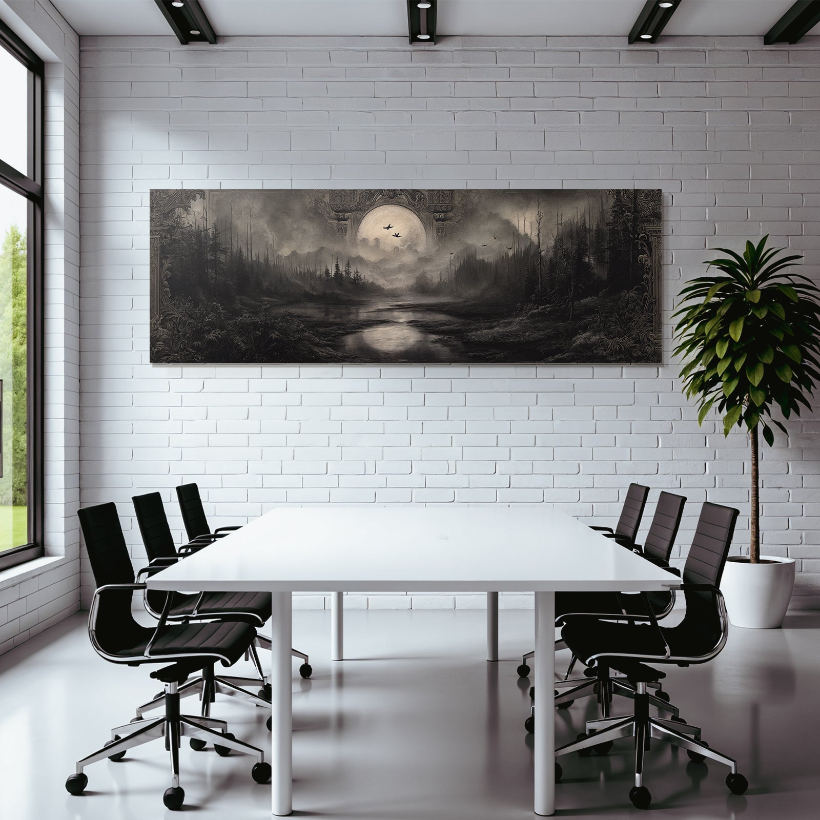 Dunkle Atmosphaerische Landschaft Mit Fluss Baeumen Und Mond