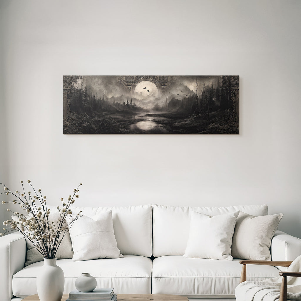 Dunkle Atmosphaerische Landschaft Mit Fluss Baeumen Und Mond