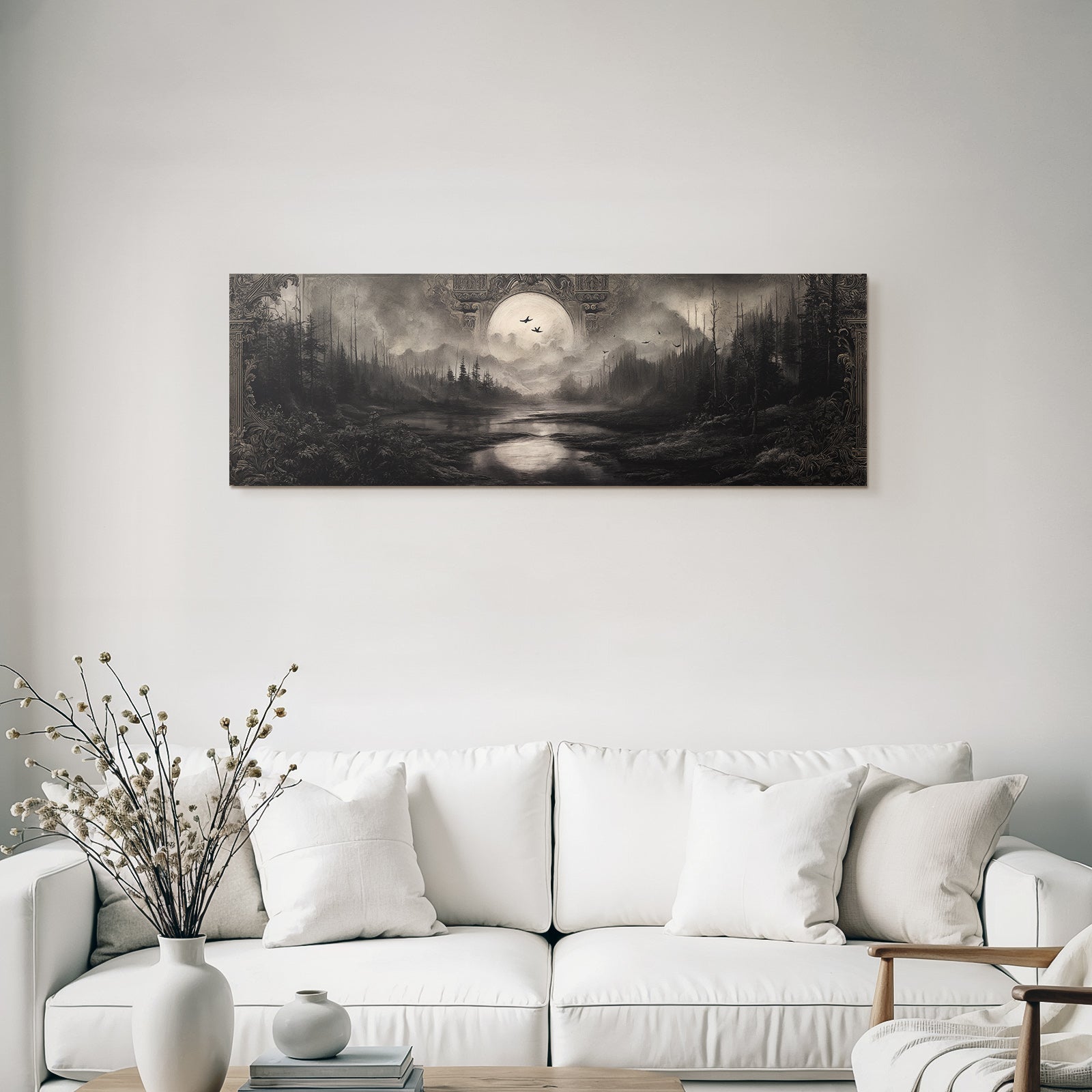 Dunkle Atmosphaerische Landschaft Mit Fluss Baeumen Und Mond