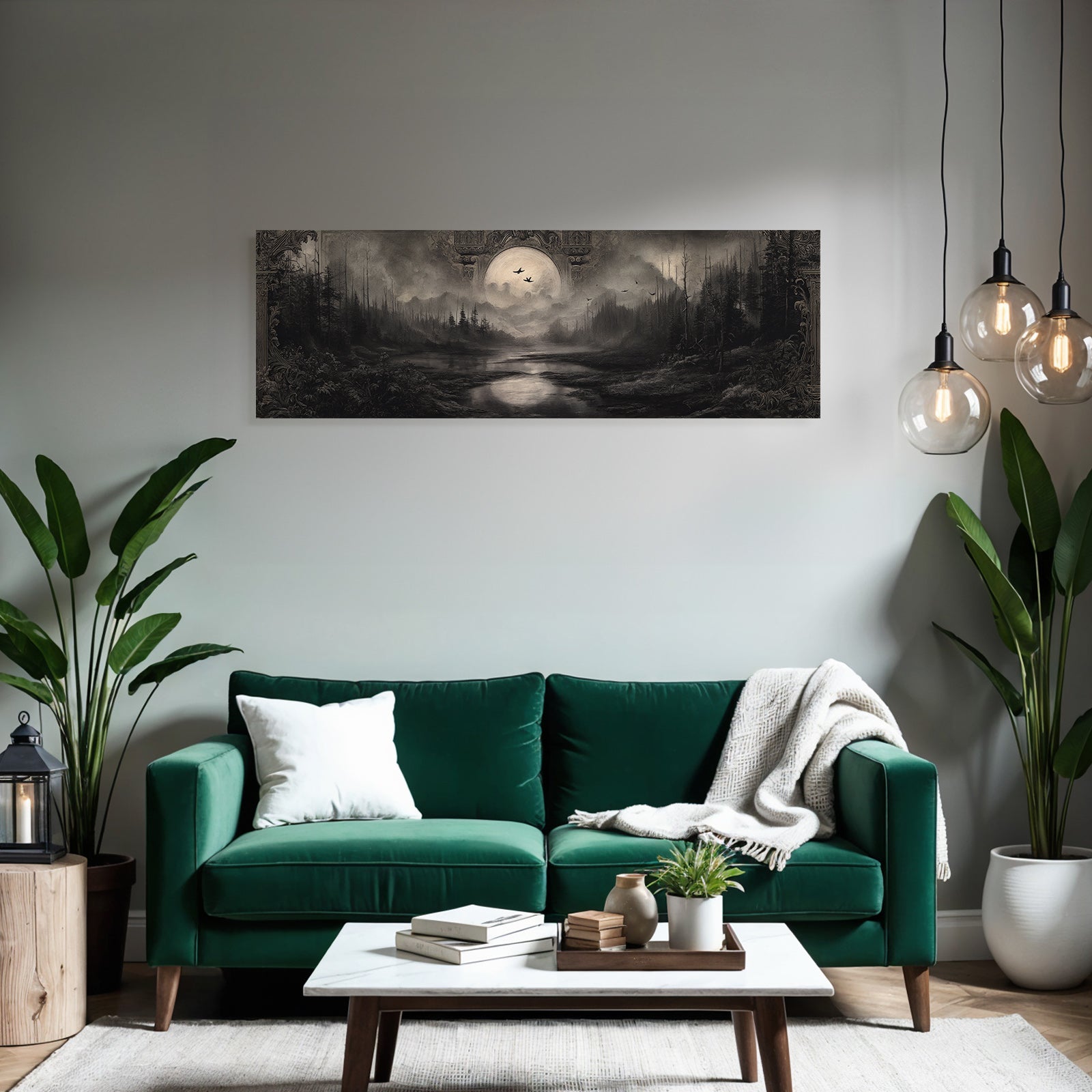 Dunkle Atmosphaerische Landschaft Mit Fluss Baeumen Und Mond