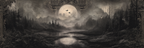 Dunkle Atmosphaerische Landschaft Mit Fluss Baeumen Und Mond | Klassisch | Einrichtungsstile