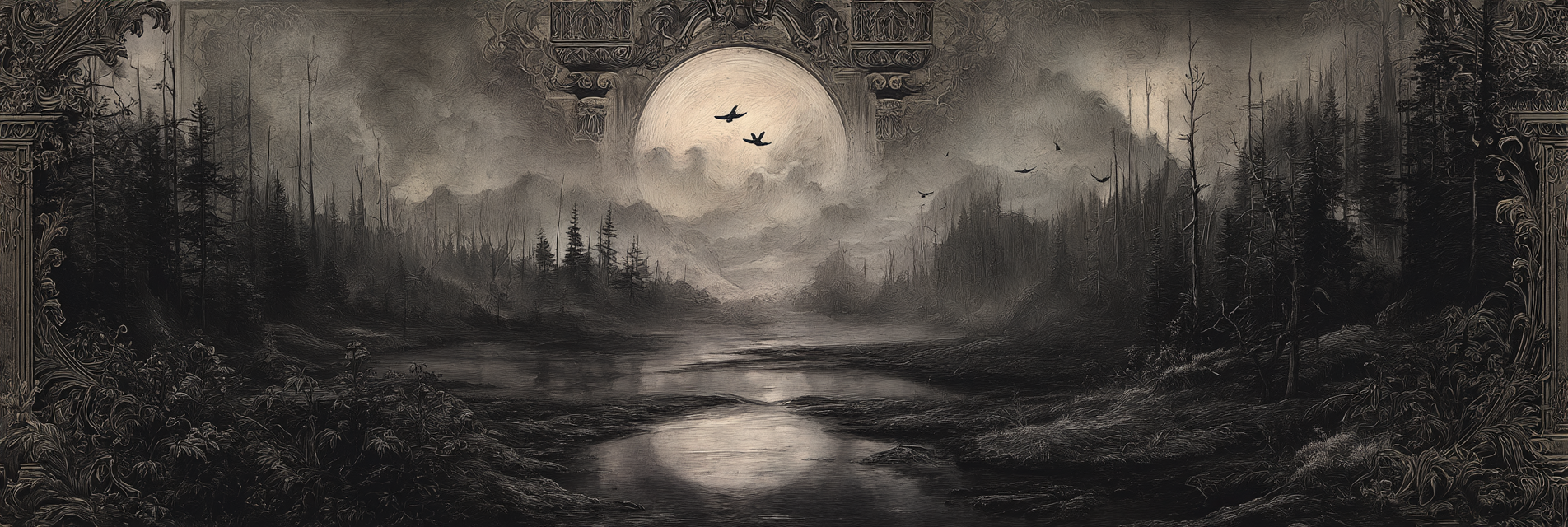 Dunkle Atmosphaerische Landschaft Mit Fluss Baeumen Und Mond | Klassisch | Einrichtungsstile