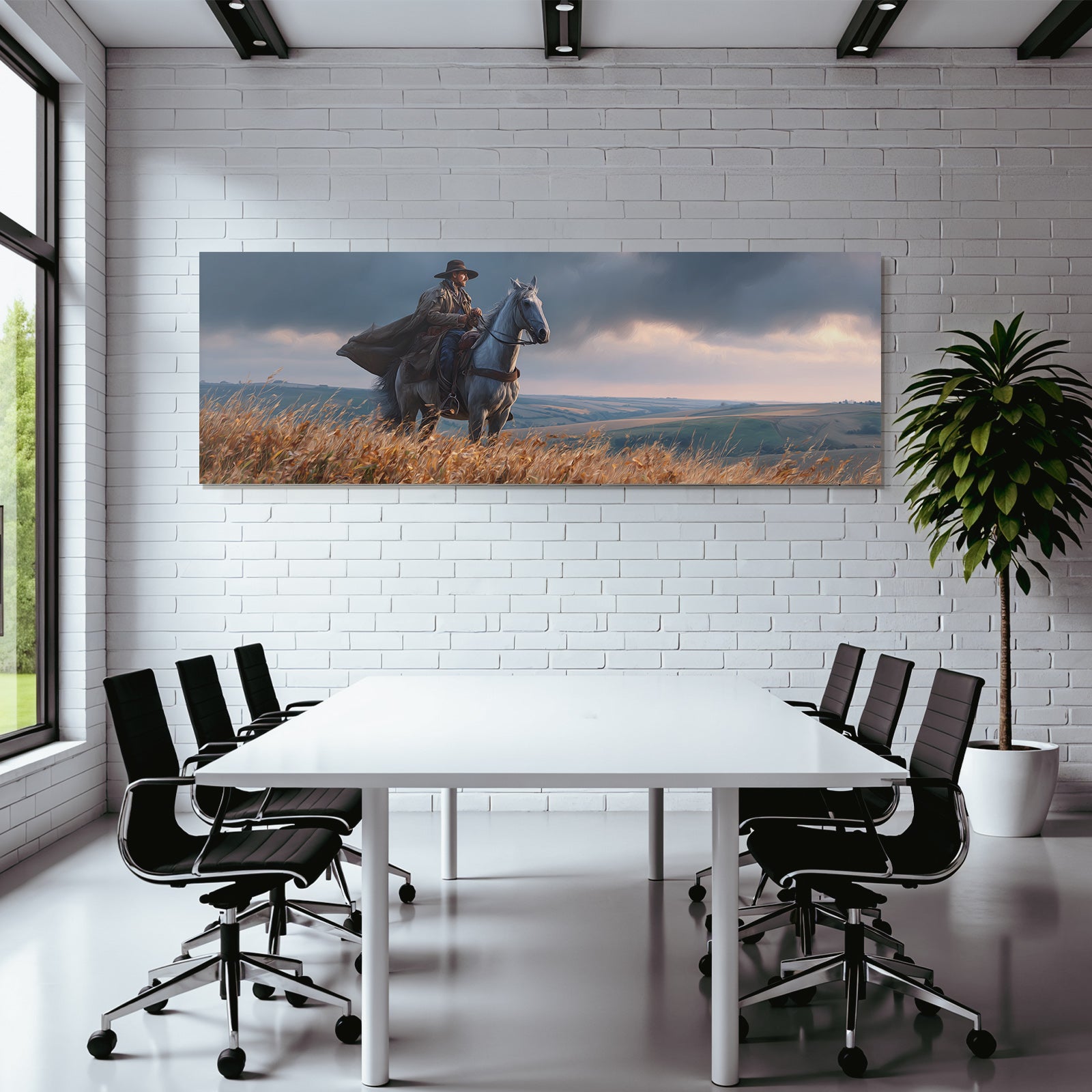 Einsamer Reiter Auf Pferd Vor Huegel Und Himmel