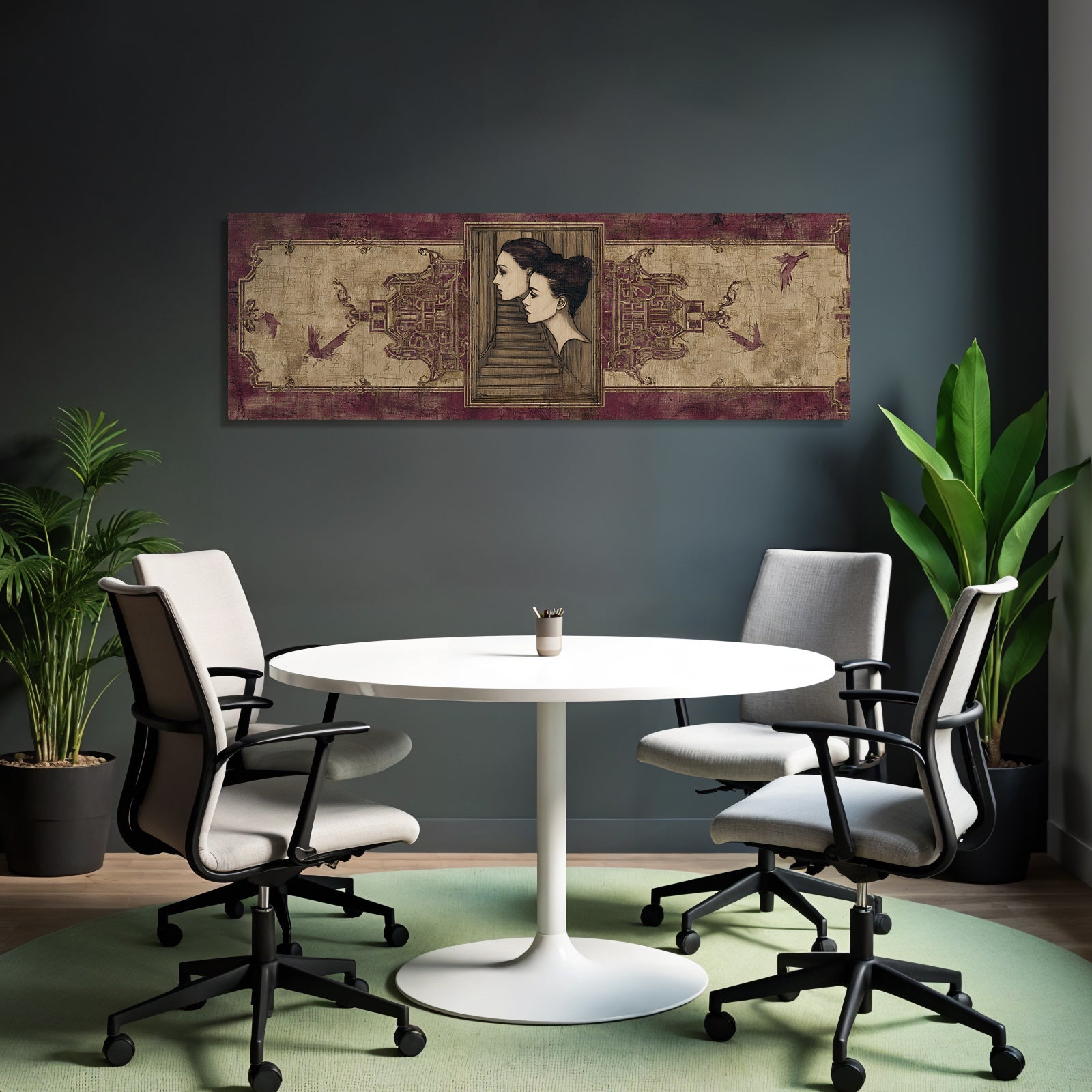 Elegante Portraets Mit Treppen Und Voegeln Rot Gold Texturierten Hintergrund