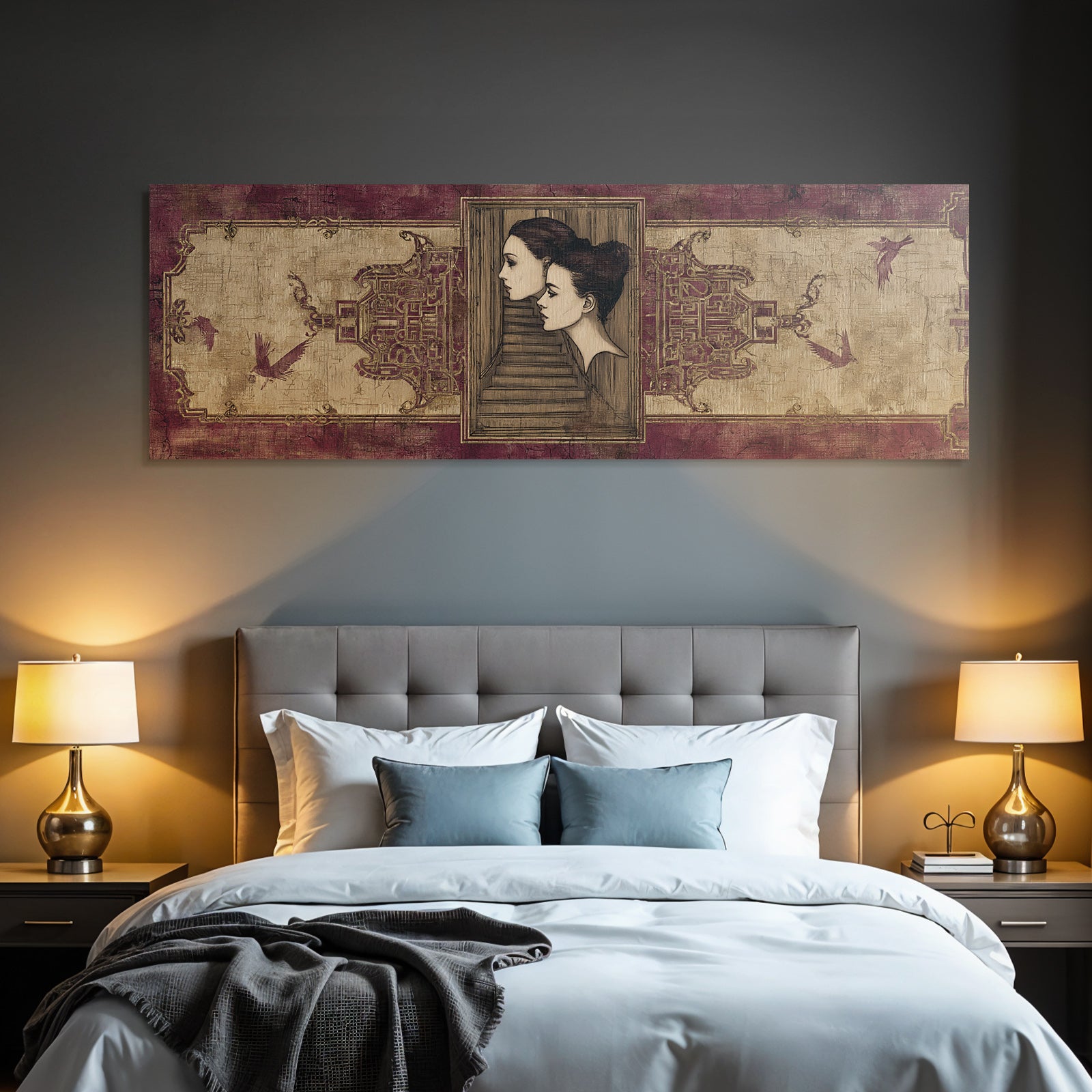 Elegante Portraets Mit Treppen Und Voegeln Rot Gold Texturierten Hintergrund