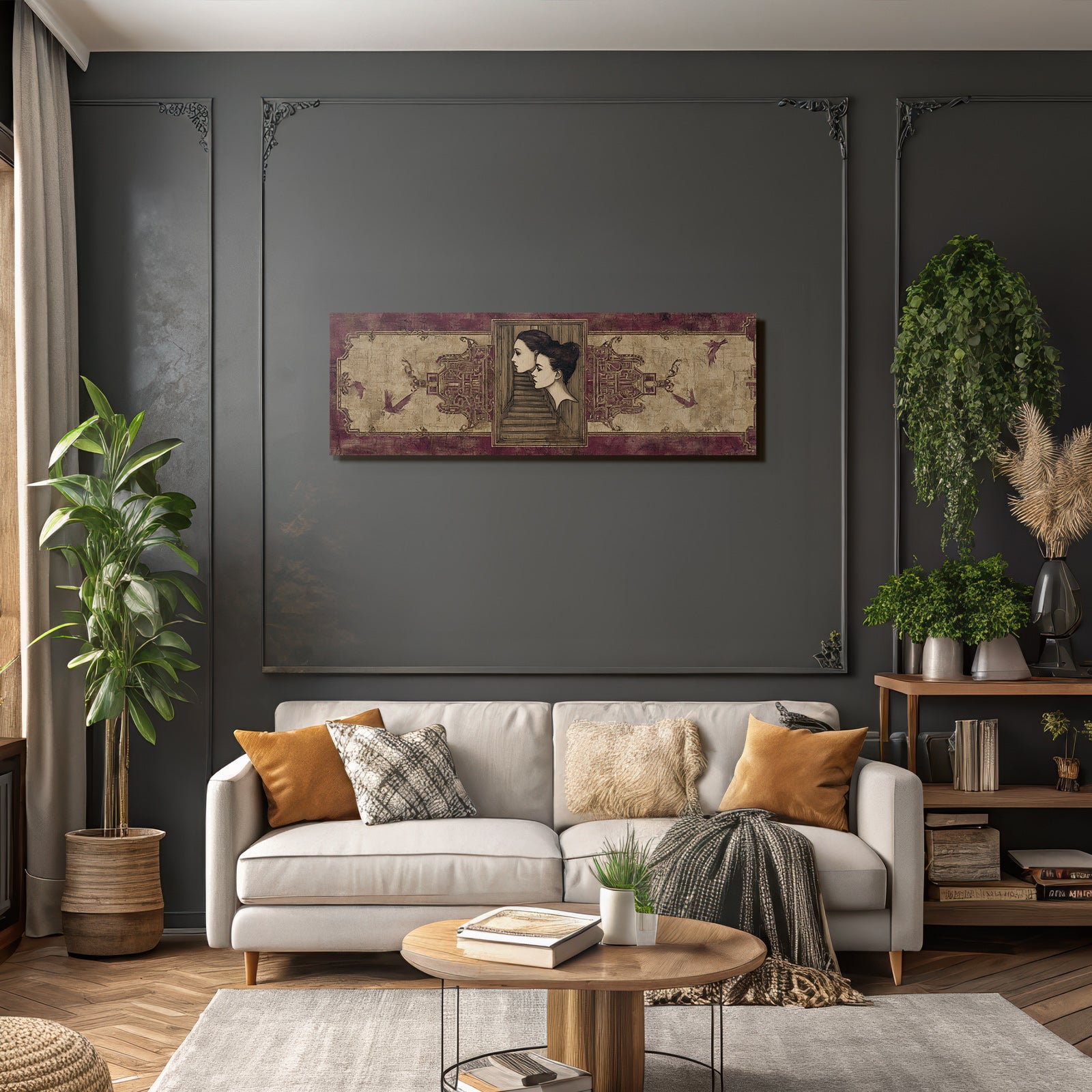 Elegante Portraets Mit Treppen Und Voegeln Rot Gold Texturierten Hintergrund