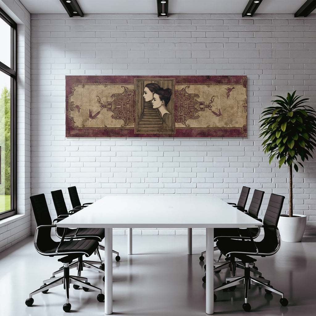 Elegante Portraets Mit Treppen Und Voegeln Rot Gold Texturierten Hintergrund
