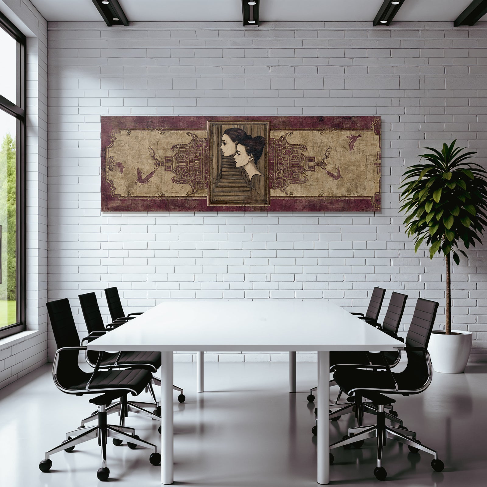 Elegante Portraets Mit Treppen Und Voegeln Rot Gold Texturierten Hintergrund