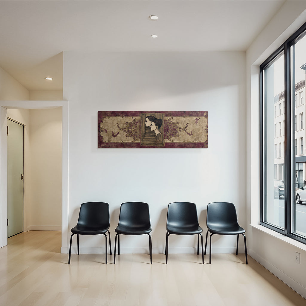 Elegante Portraets Mit Treppen Und Voegeln Rot Gold Texturierten Hintergrund