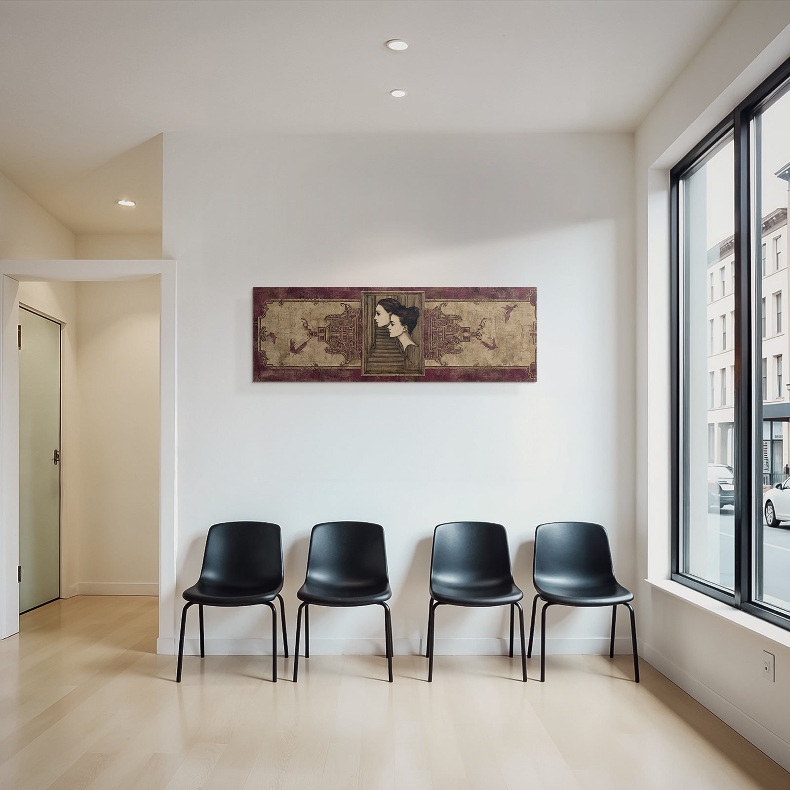 Elegante Portraets Mit Treppen Und Voegeln Rot Gold Texturierten Hintergrund