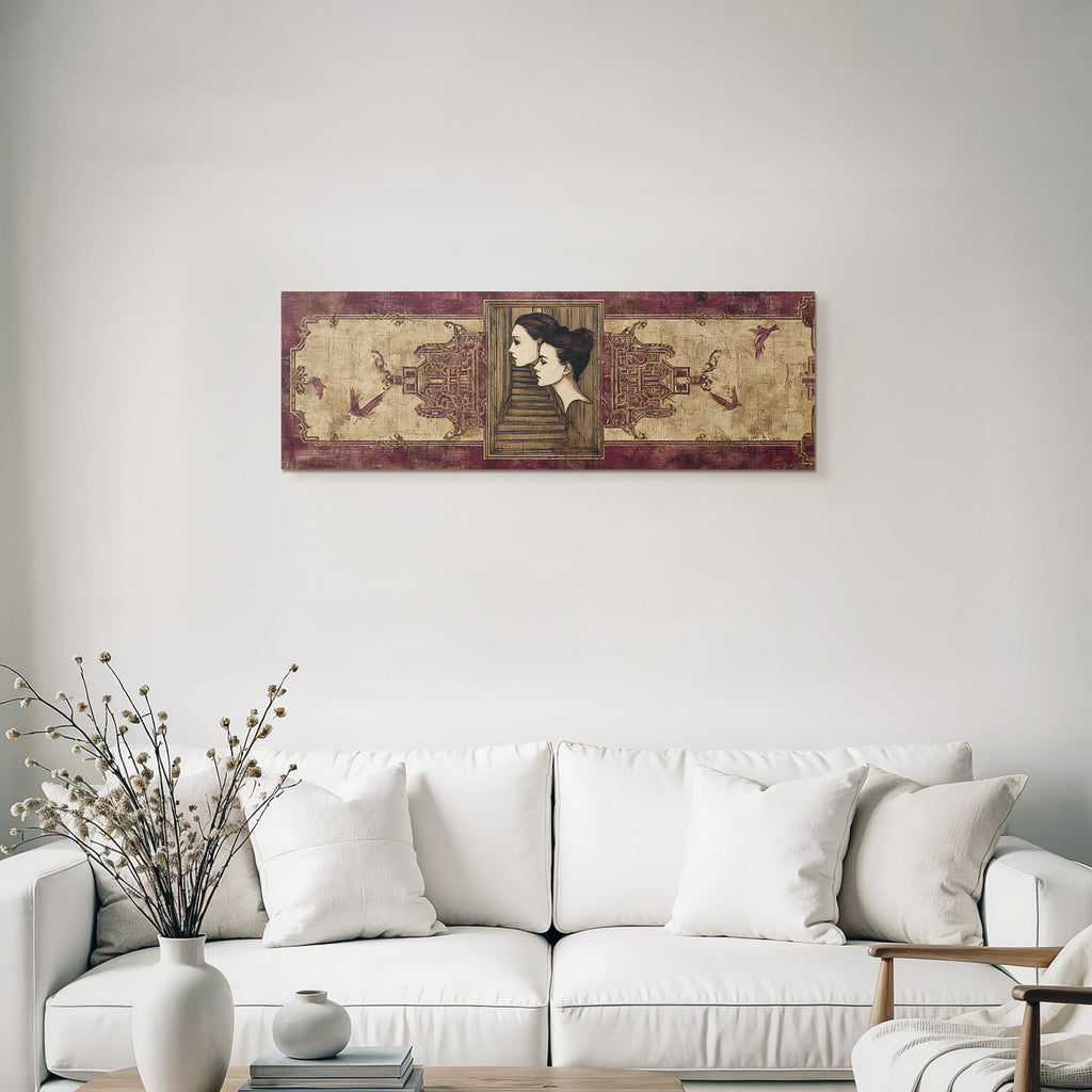 Elegante Portraets Mit Treppen Und Voegeln Rot Gold Texturierten Hintergrund