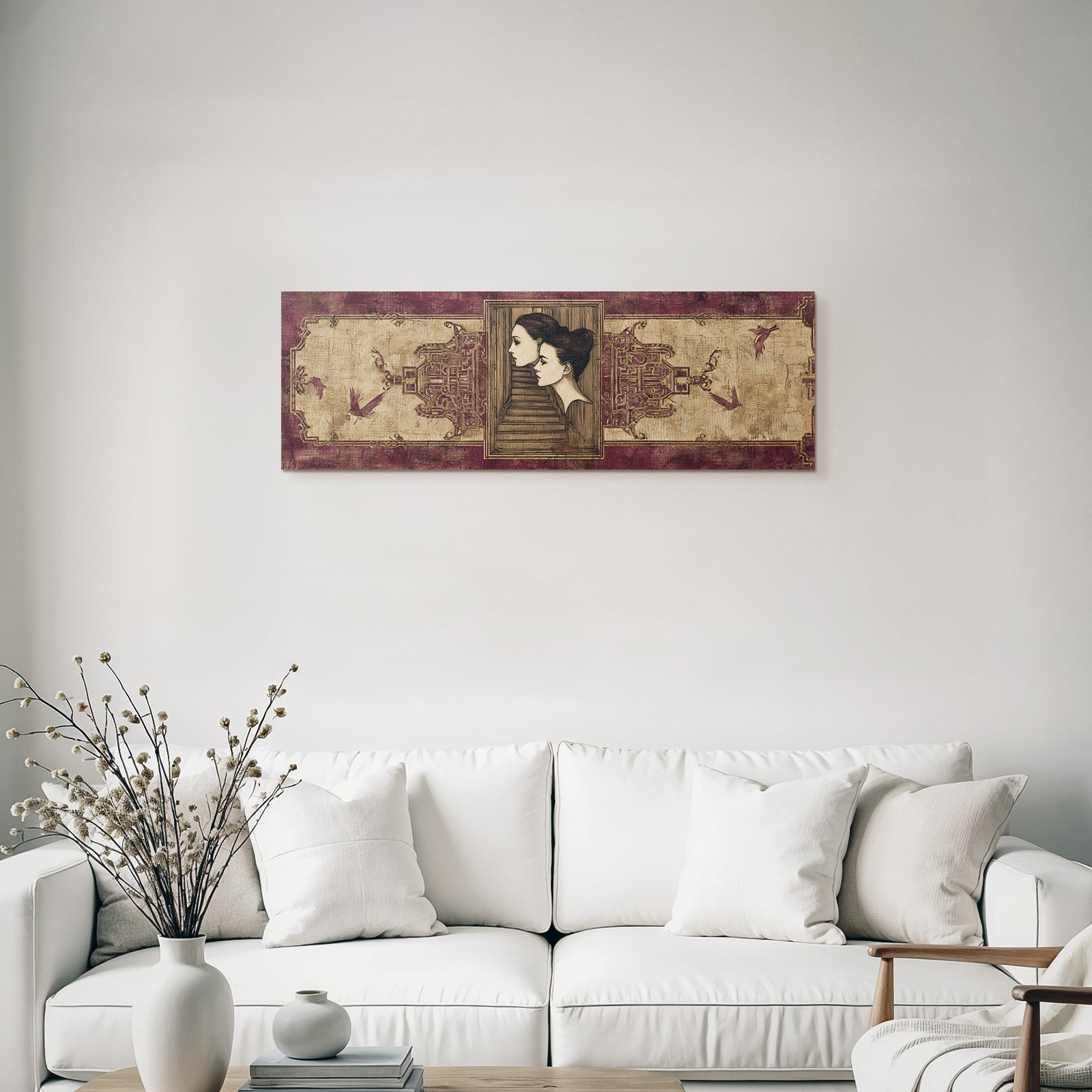 Elegante Portraets Mit Treppen Und Voegeln Rot Gold Texturierten Hintergrund