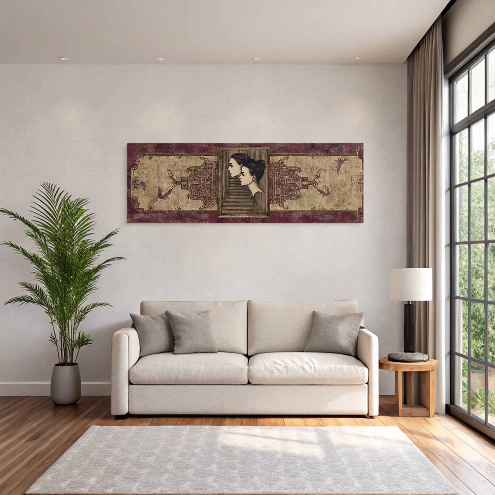 Elegante Portraets Mit Treppen Und Voegeln Rot Gold Texturierten Hintergrund