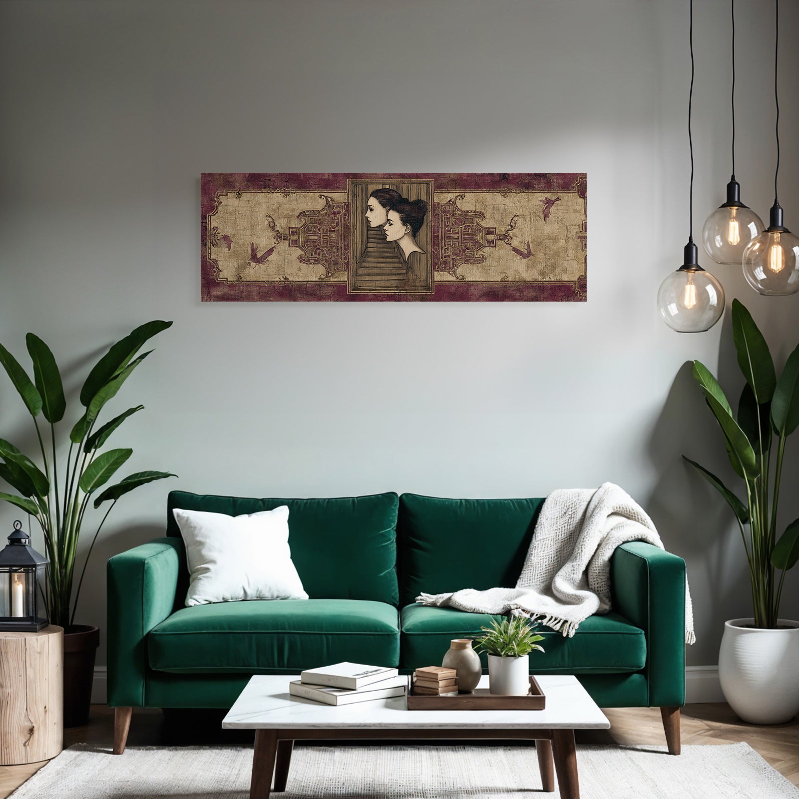 Elegante Portraets Mit Treppen Und Voegeln Rot Gold Texturierten Hintergrund