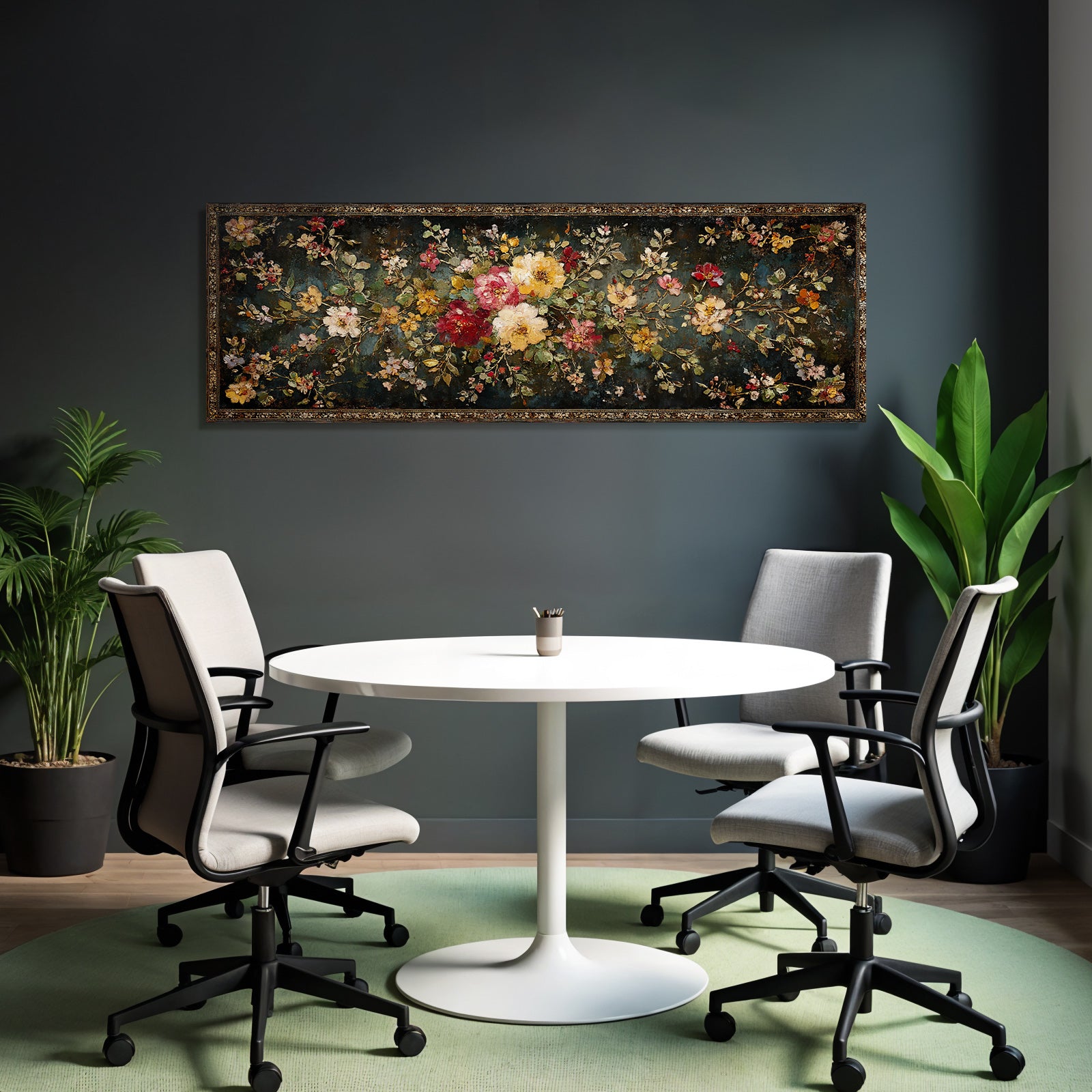 Florale Kunstwerke Mit Bunten Blumen Und Blaettern Auf Dunklem Hintergrund