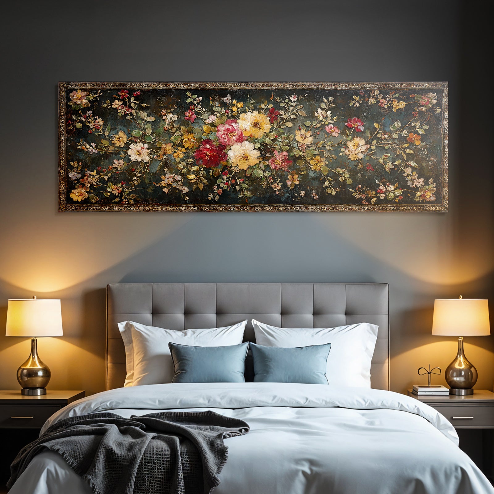 Florale Kunstwerke Mit Bunten Blumen Und Blaettern Auf Dunklem Hintergrund