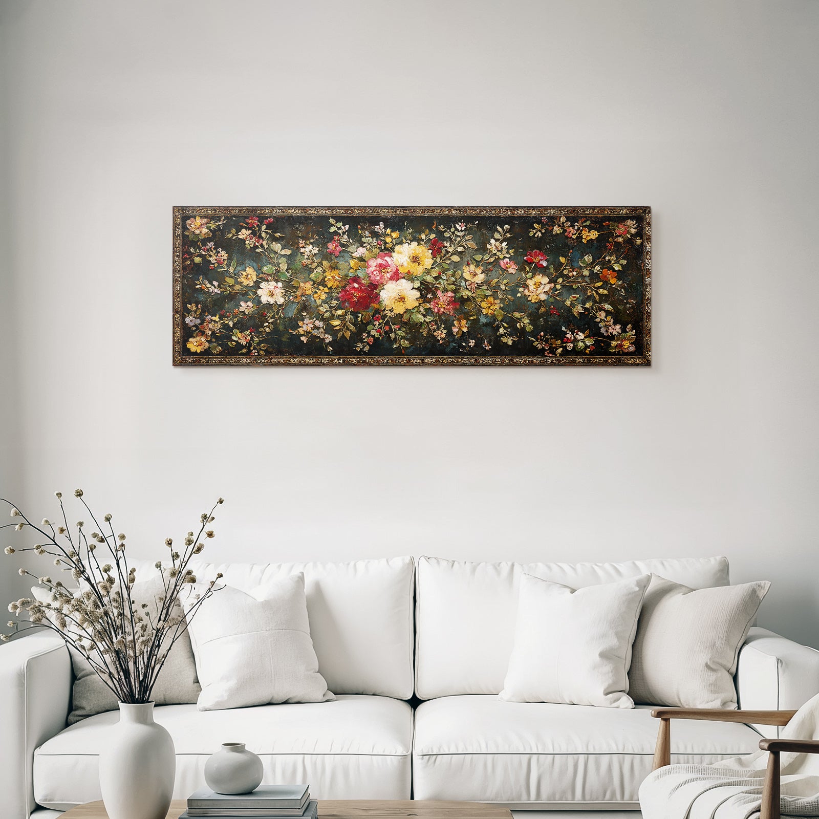 Florale Kunstwerke Mit Bunten Blumen Und Blaettern Auf Dunklem Hintergrund