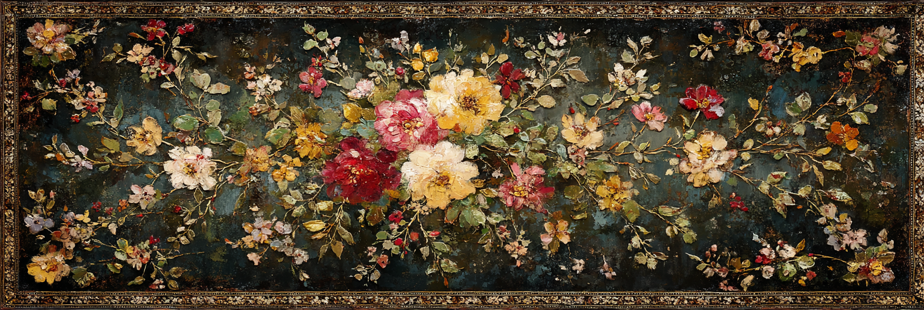 Florale Kunstwerke Mit Bunten Blumen Und Blaettern Auf Dunklem Hintergrund | Klassisch | Einrichtungsstile