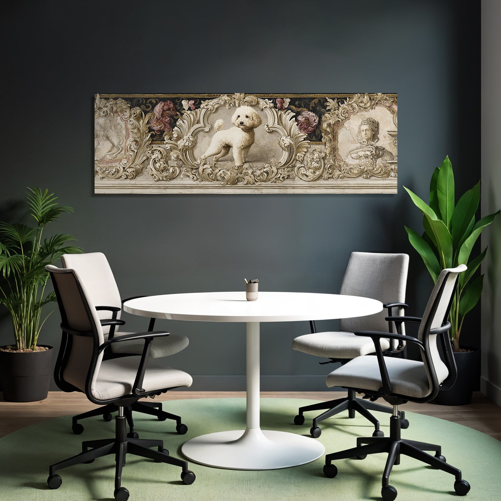 Fluffy Weisser Hund In Ornate Rahmen Mit Floralen Designs