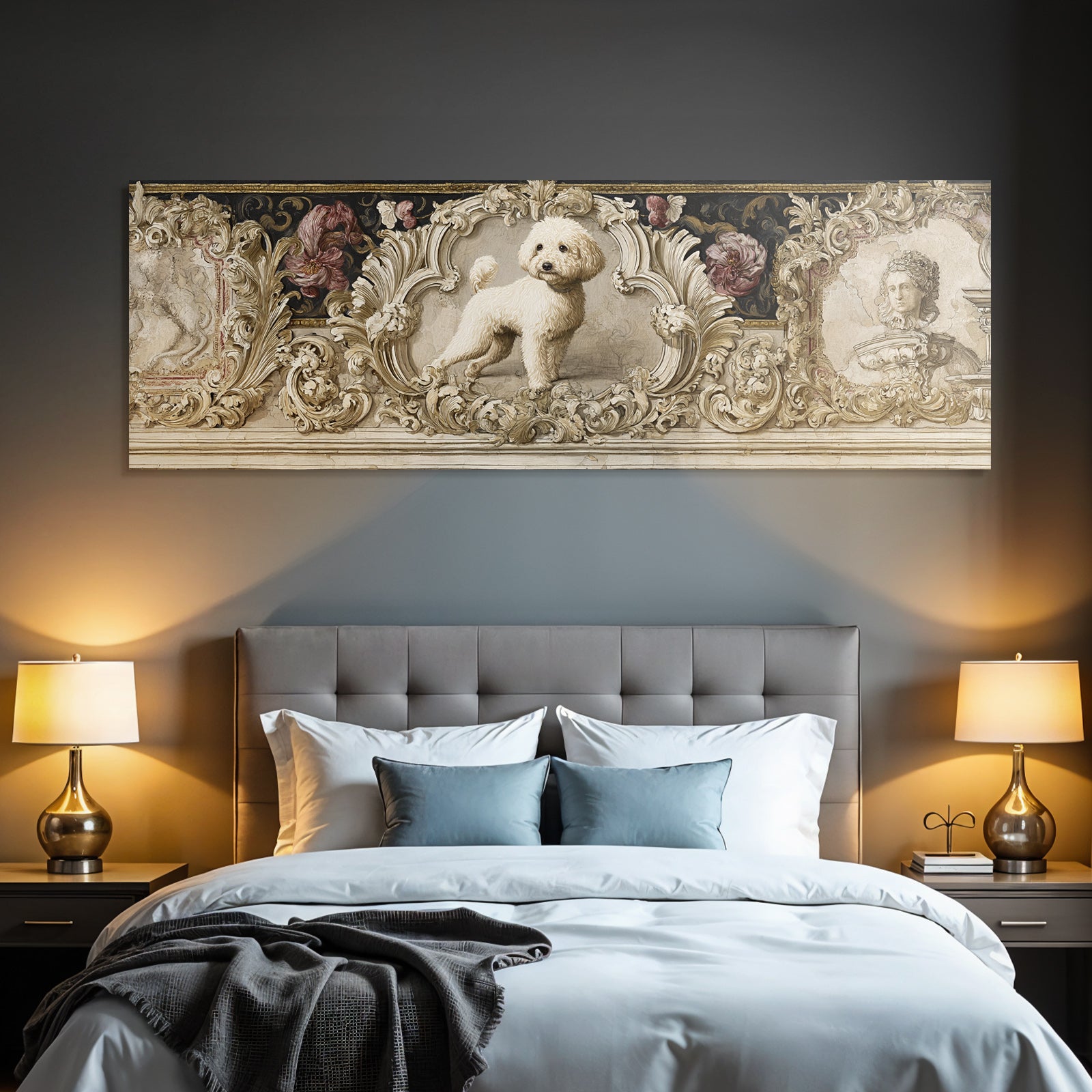 Fluffy Weisser Hund In Ornate Rahmen Mit Floralen Designs