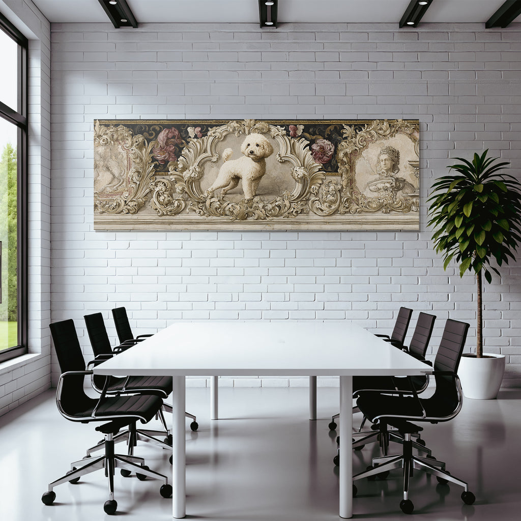 Fluffy Weisser Hund In Ornate Rahmen Mit Floralen Designs