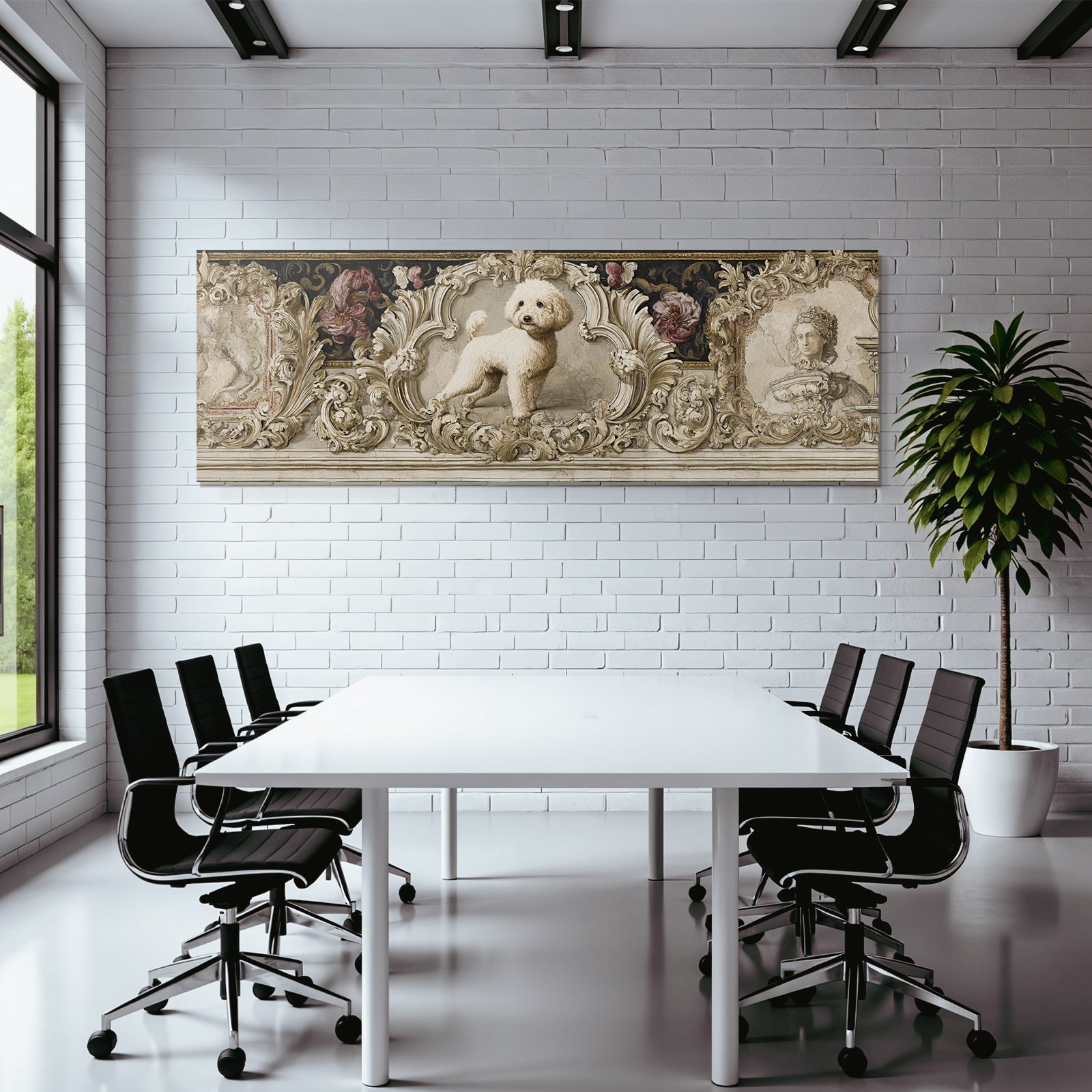 Fluffy Weisser Hund In Ornate Rahmen Mit Floralen Designs
