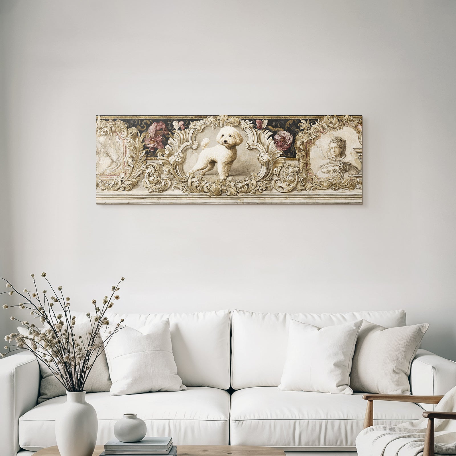 Fluffy Weisser Hund In Ornate Rahmen Mit Floralen Designs
