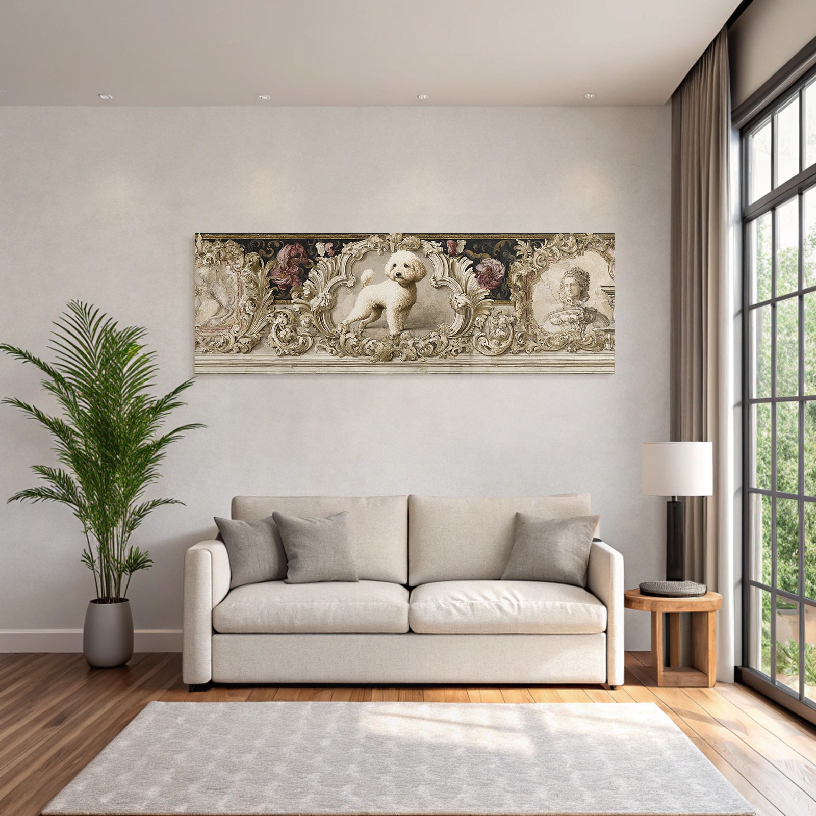 Fluffy Weisser Hund In Ornate Rahmen Mit Floralen Designs