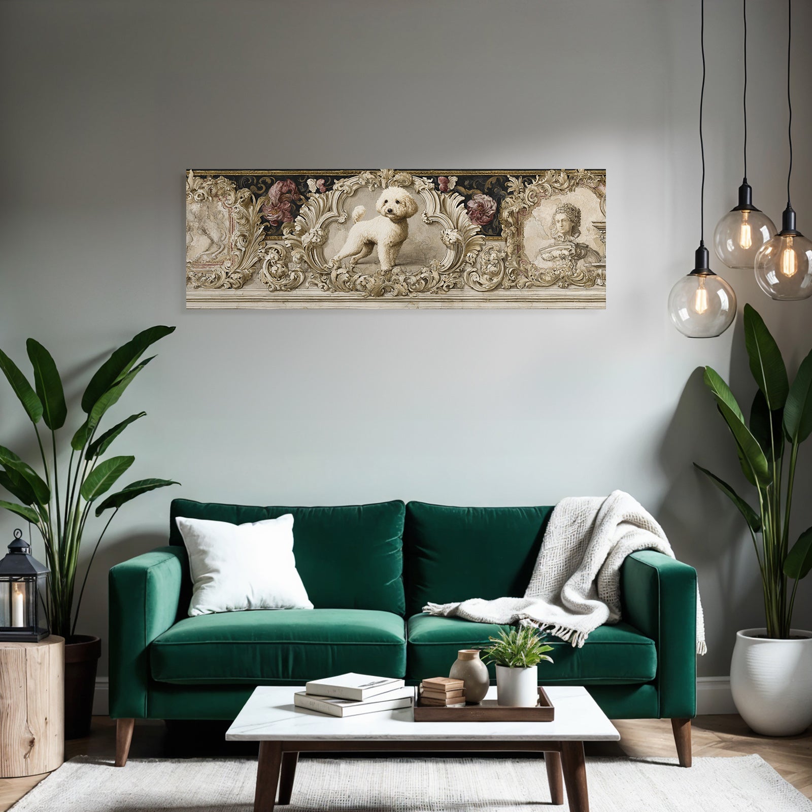 Fluffy Weisser Hund In Ornate Rahmen Mit Floralen Designs